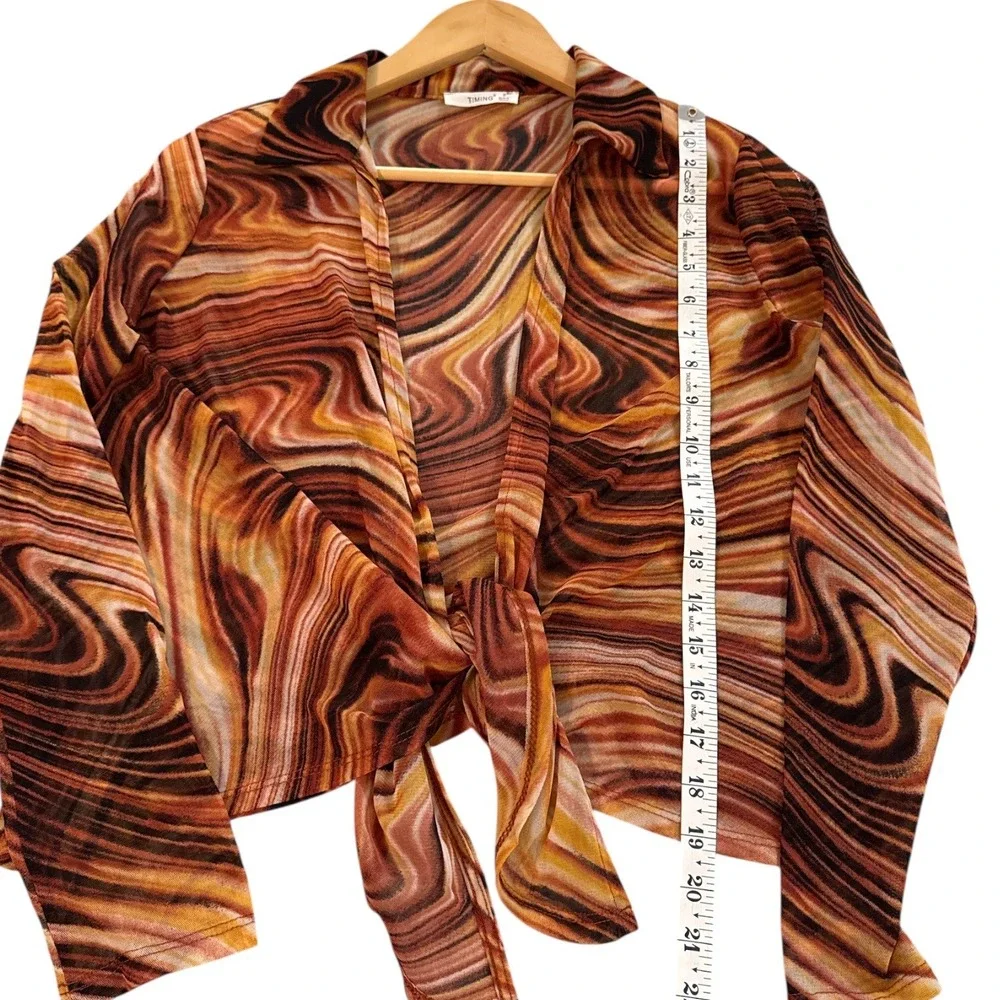 Timing Mesh‎ Tie Front Marble Print Top Sz S Groovy Retro Festival Boho